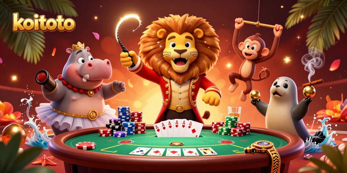 Koitoto menghadirkan kasino dengan singa pengendali sirkus, hippo, dan monyet bersinar di tengah meja poker yang semarak.