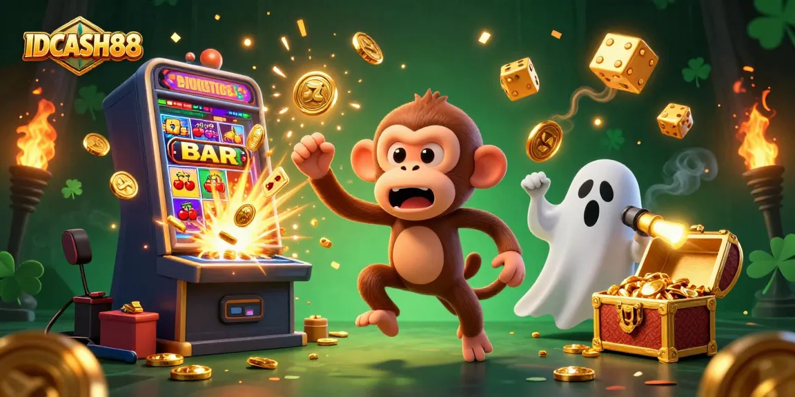 Experience thrilling gameplay at IDCASH88 with a vibrant casino scene featuring animated characters and games.