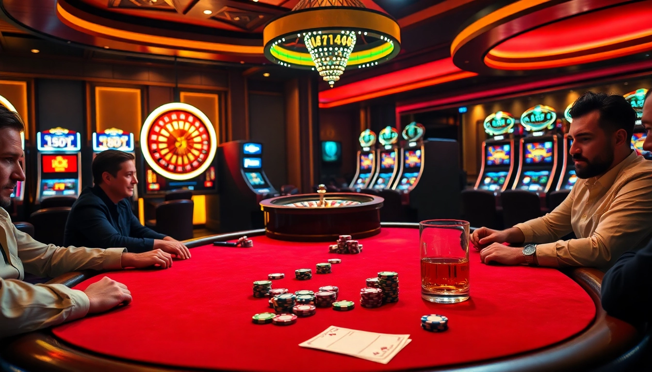 Engaging poker scene showcasing Vaoluoi Tv excitement with players, chips, and a roulette backdrop.