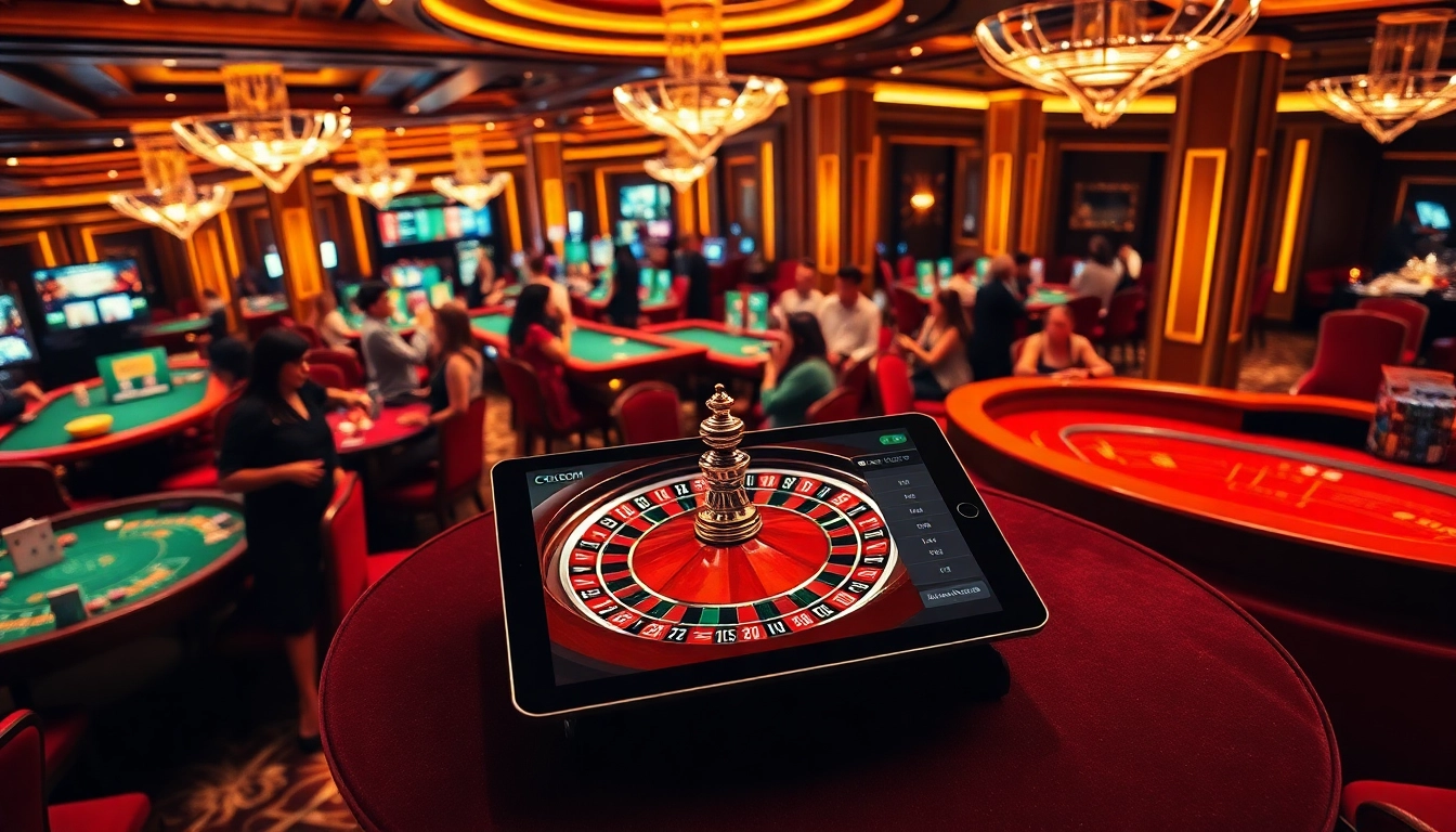 Players engaging in thrilling games at CM88.COM's luxurious casino atmosphere with poker chips and roulette.