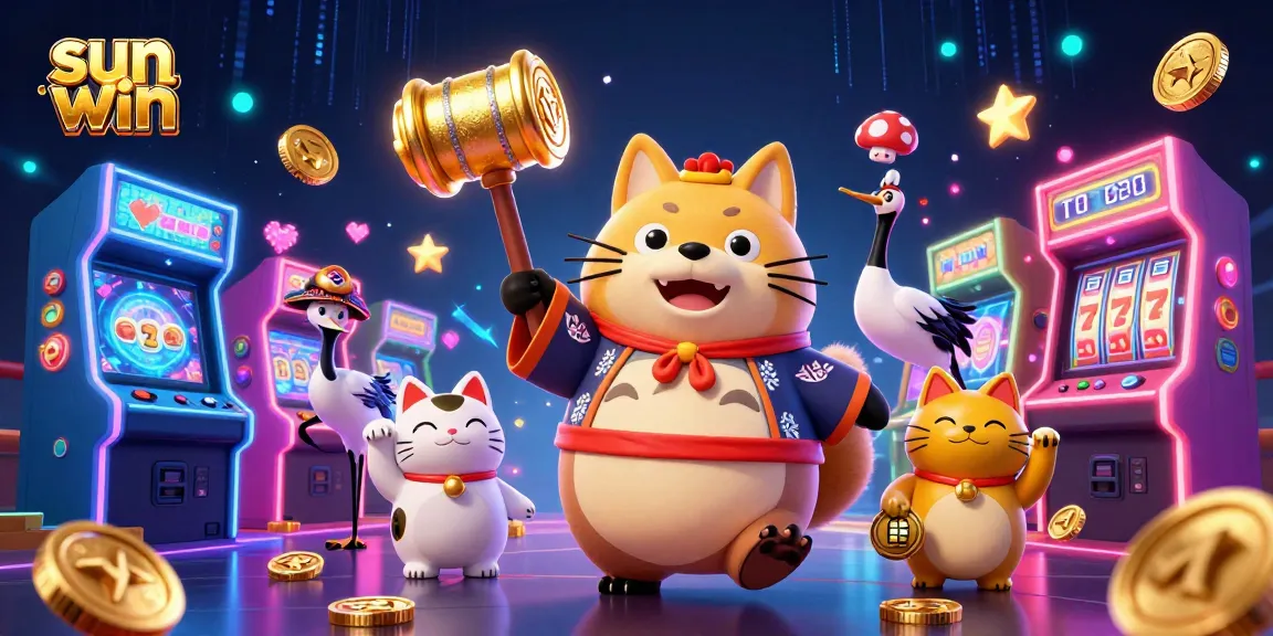 Spin the reels with sun win, featuring playful tanuki and colorful arcade machines in a vibrant casino scene.