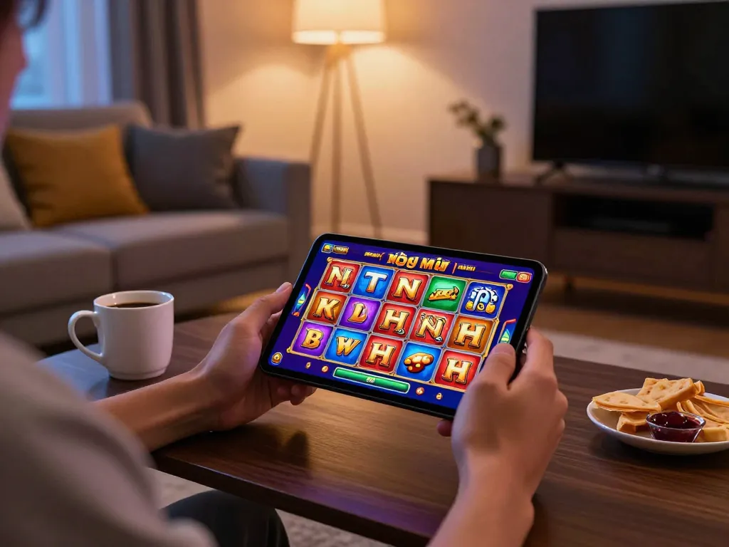 Engage in the thrill of nổ hũ online slot gaming on a mobile device with snacks and drinks.