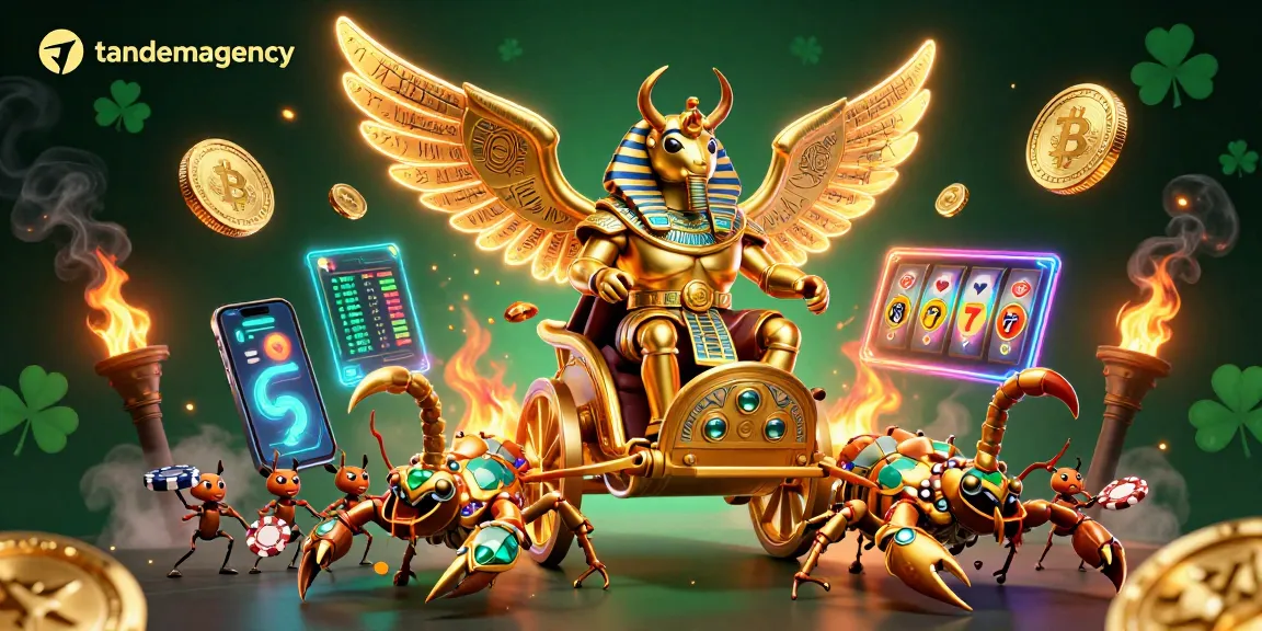 Engage in endless fun with tandemagency through a vibrant casino scene featuring golden scarabs and poker chips.