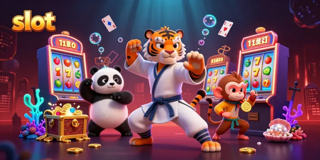 Slot gacor yang diilustrasikan dengan karakter dan elemen permainan yang dinamis