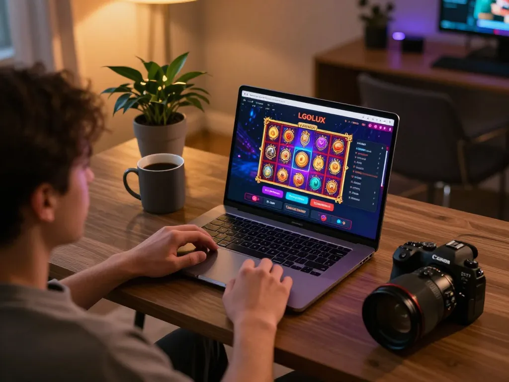 Player engaging with LGOLUX app on laptop in cozy gaming setup, emphasizing strategic online gambling
