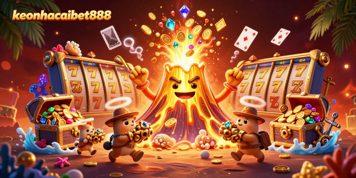 Engage in thrilling gameplay with keonhacaibet888, featuring a fantastical 3D volcano burst of treasures amid dynamic casino elements.