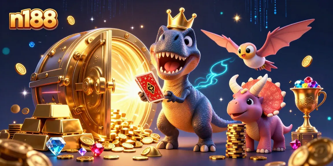 N188 offers a thrilling gambling experience with dynamic scenes featuring cartoon dinosaurs engaged in card games and stacking chips.