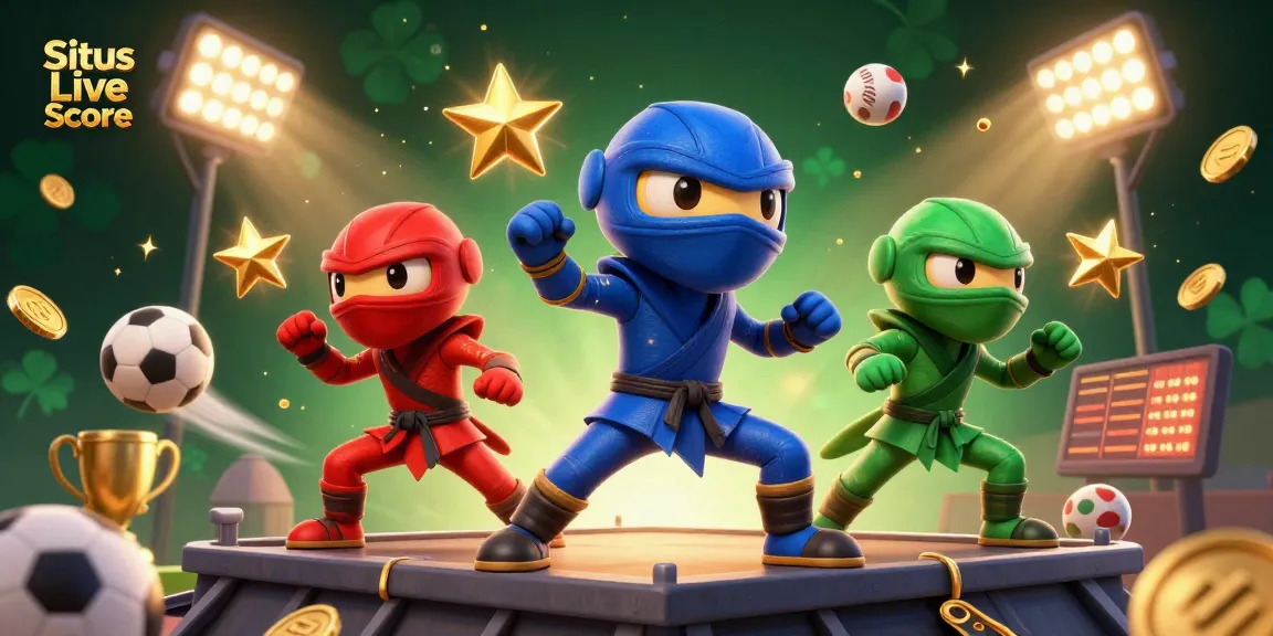Situs Live Score showcases a dynamic scene with martial arts chameleons and flying sports balls, celebrating sports betting.