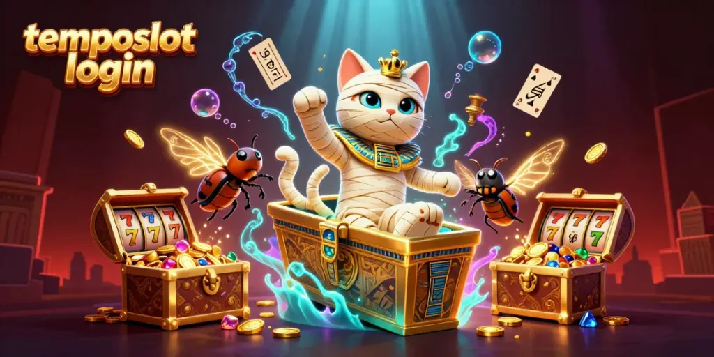 Masuk ke dunia TEMPOSLOT login dengan karakter kucing mummy dan elemen slot kasino yang mengesankan.