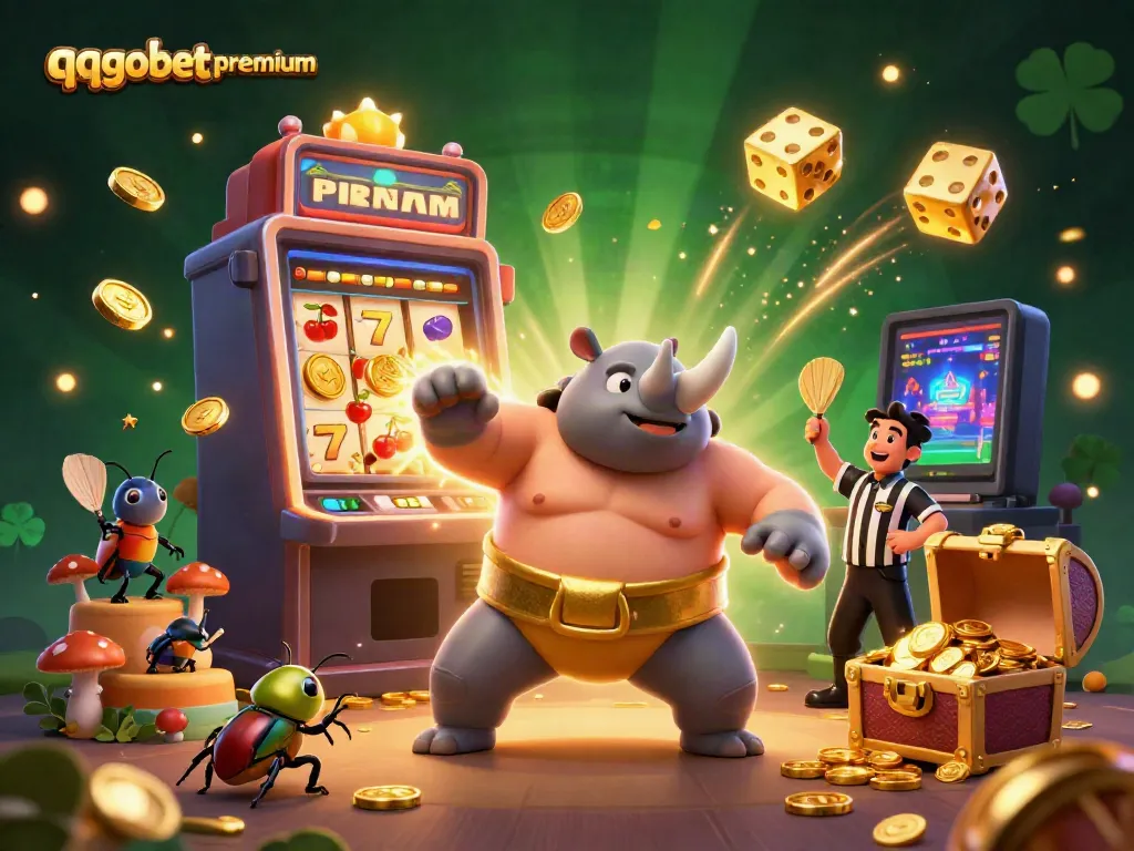 Experience the excitement of qqgobetpremium with dynamic casino action featuring a rhinoceros beetle sumo champion.