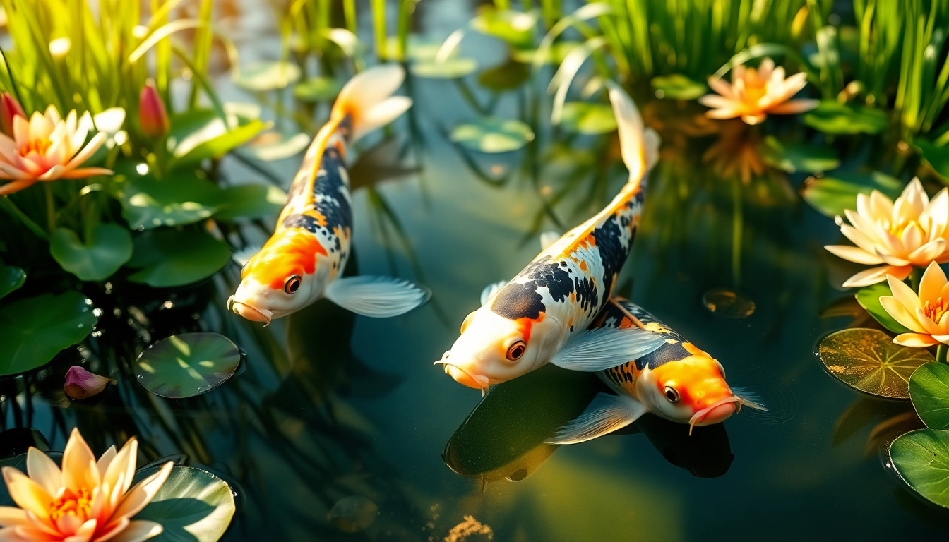 Koi toto berwarna cerah berenang di kolam taman yang tenang, dikelilingi oleh bunga teratai yang indah.