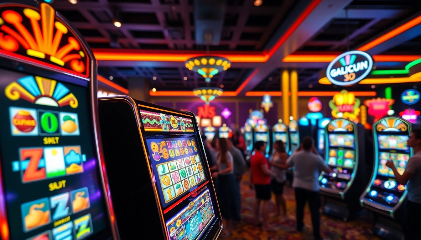 Mainkan galicuan dalam mesin slot yang cerah di kasino dengan pemain yang bersemangat.