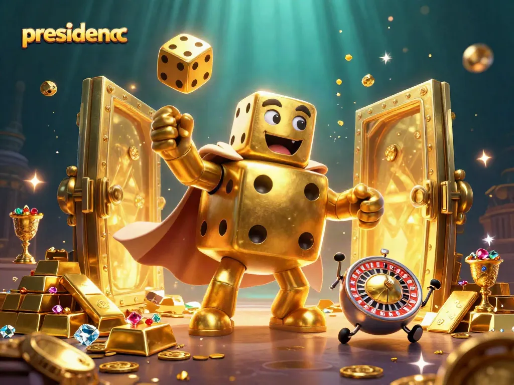 Experience thrilling wins at presidencc, featuring a dynamic golden dice golem and a roulette-ball companion in a treasure-filled scene.