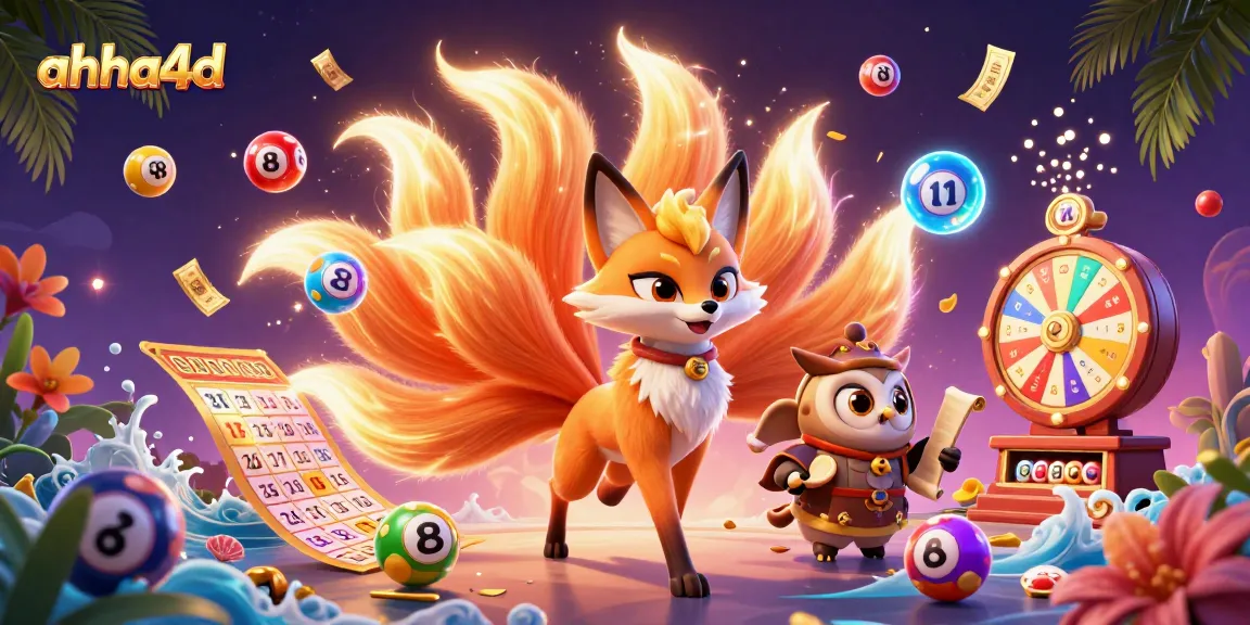 Win big with ahha4d lottery elements featuring a nine-tailed fox, owl sage, and colorful bouncing balls.