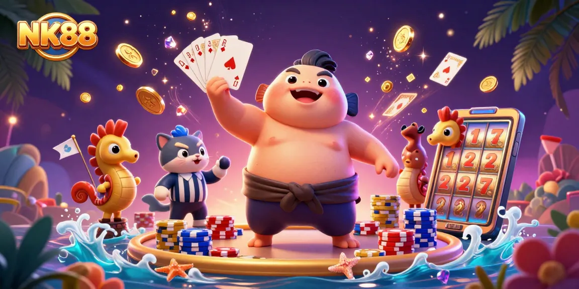 Engage in thrilling games at NK88 with a vibrant underwater casino scene featuring excitement and treasures.