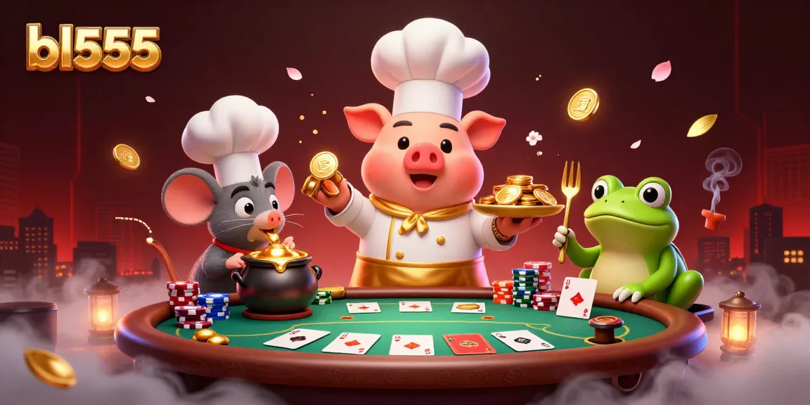 Engage with BL555's vibrant casino scene featuring pig chef serving gold coins.