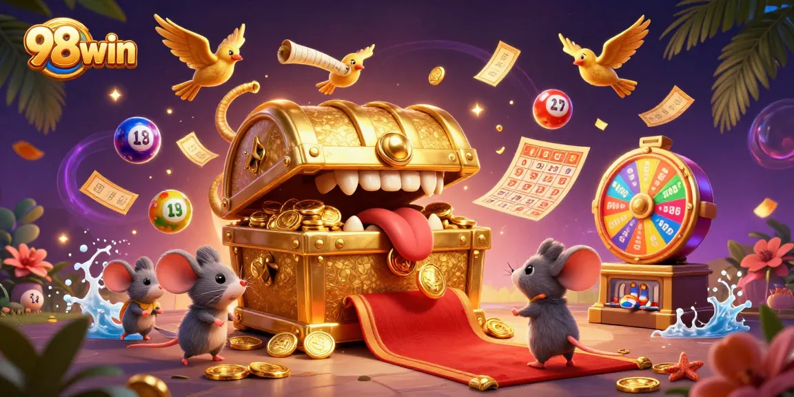 Win big at 98win with colorful lottery balls, golden tickets, and treasure chests in a vibrant casino scene.