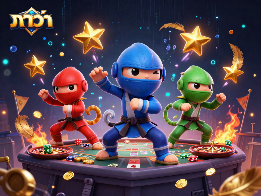 Engaging scene featuring three ninja chameleons showcasing baccarat strategies with dynamic elements.