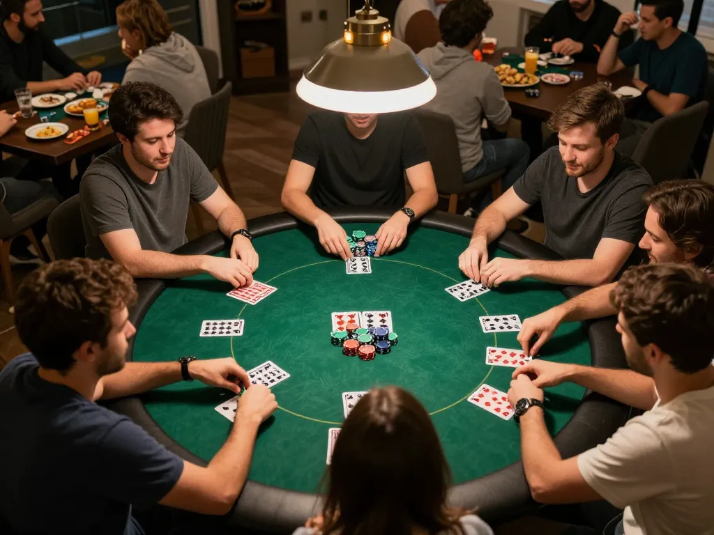 Players enjoying Texas Hold'em at a warm home poker night with kp88 excitement visible