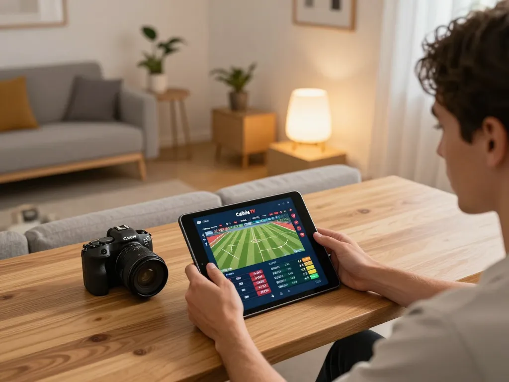 Person using Cakhia tv for live sports betting on a tablet in a cozy home setting.