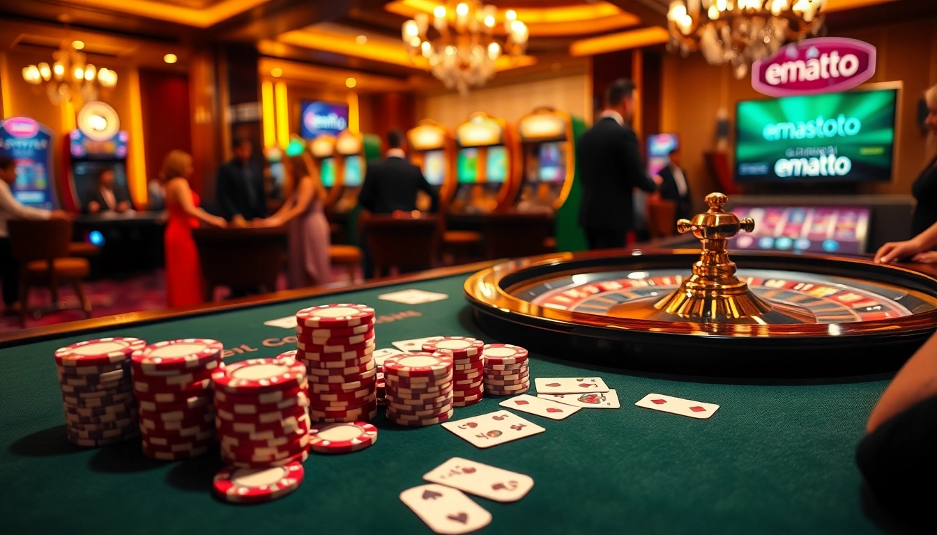 Rasakan permainan yang mendebarkan di emastoto dengan lingkungan kasino yang hidup, lengkap dengan meja poker dan roda roulette.