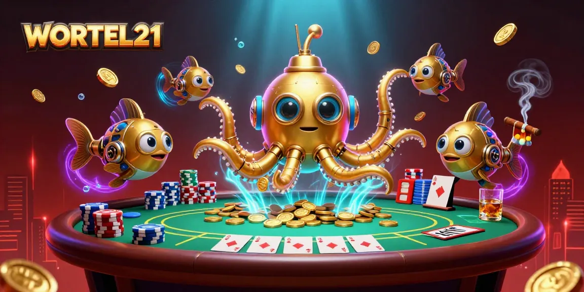 Play exciting poker with WORTEL21, featuring a golden kraken submarine in a coin-filled ocean.