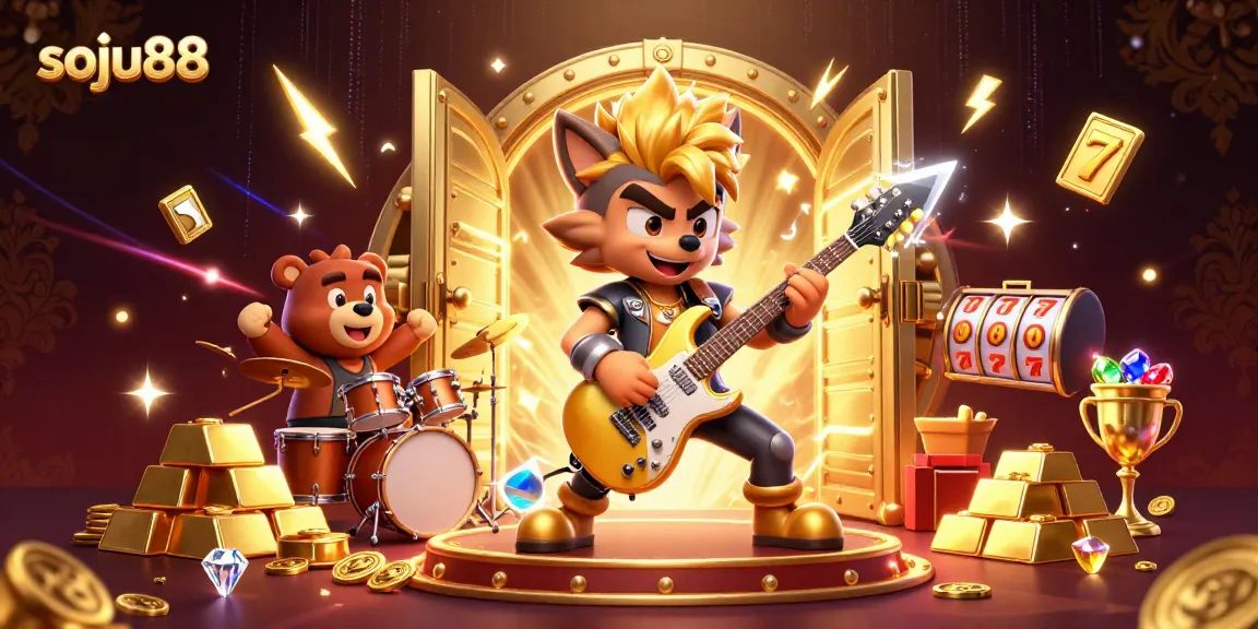 Engage with soju88's lively casino scene featuring a rock star wolf and bear drummer amidst treasures.