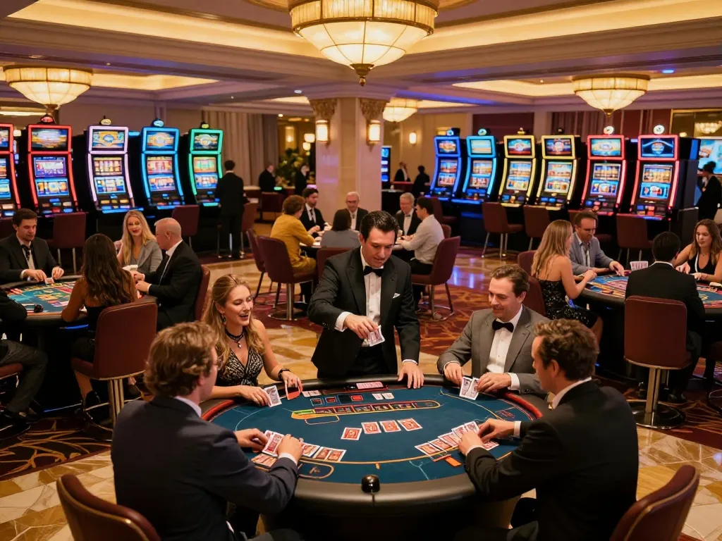 Players enjoying card games and slots at i9bet's upscale casino venue, showcasing vibrant atmosphere and excitement.