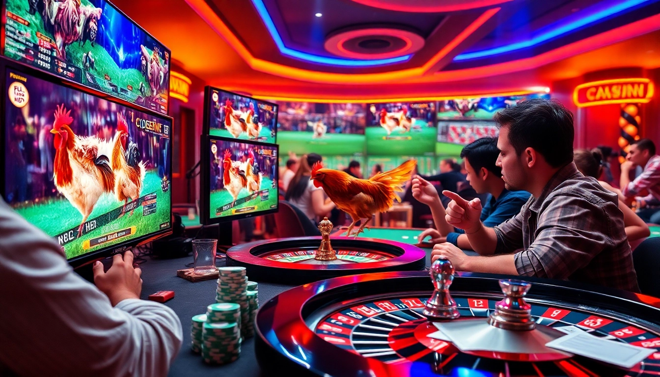 Engage in đá gà trực tiếp betting with vibrant visuals of live matches and casino excitement.