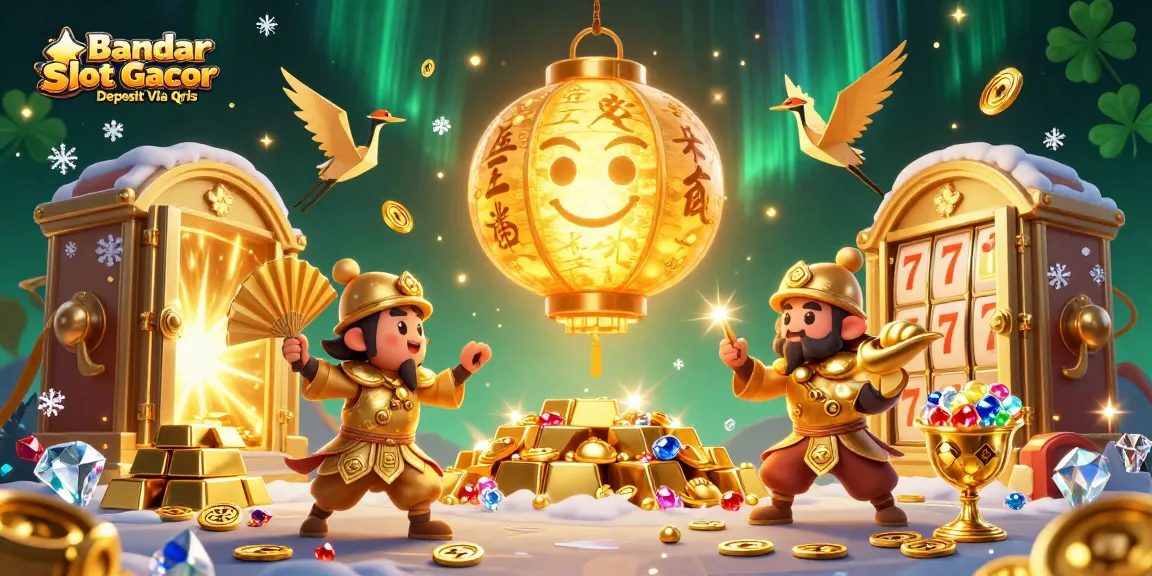 Join the excitement at Bandar Slot Gacor Deposit Via Qris with vibrant 3D casino illustration featuring characters and treasures.