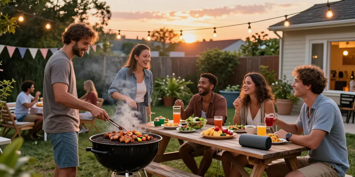Suasana pesta BBQ di halaman belakang dengan teman-teman menikmati BOS 88 dan hidangan lezat.