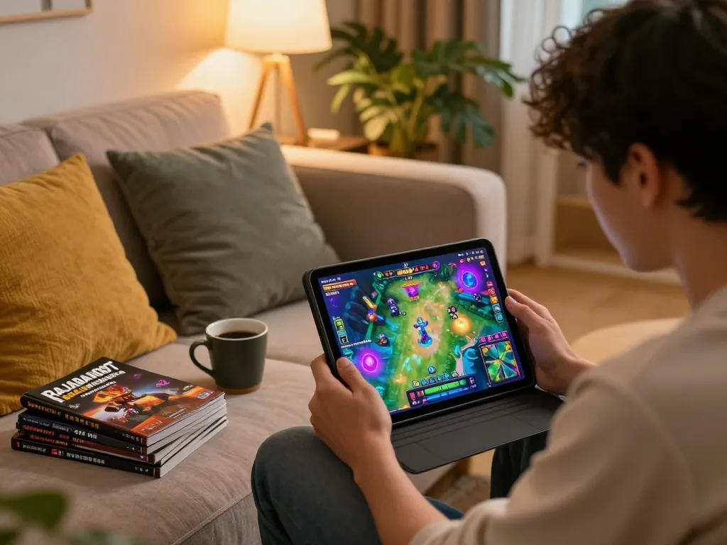 Player accessing rajabandot macau on a tablet during a cozy gaming session at home