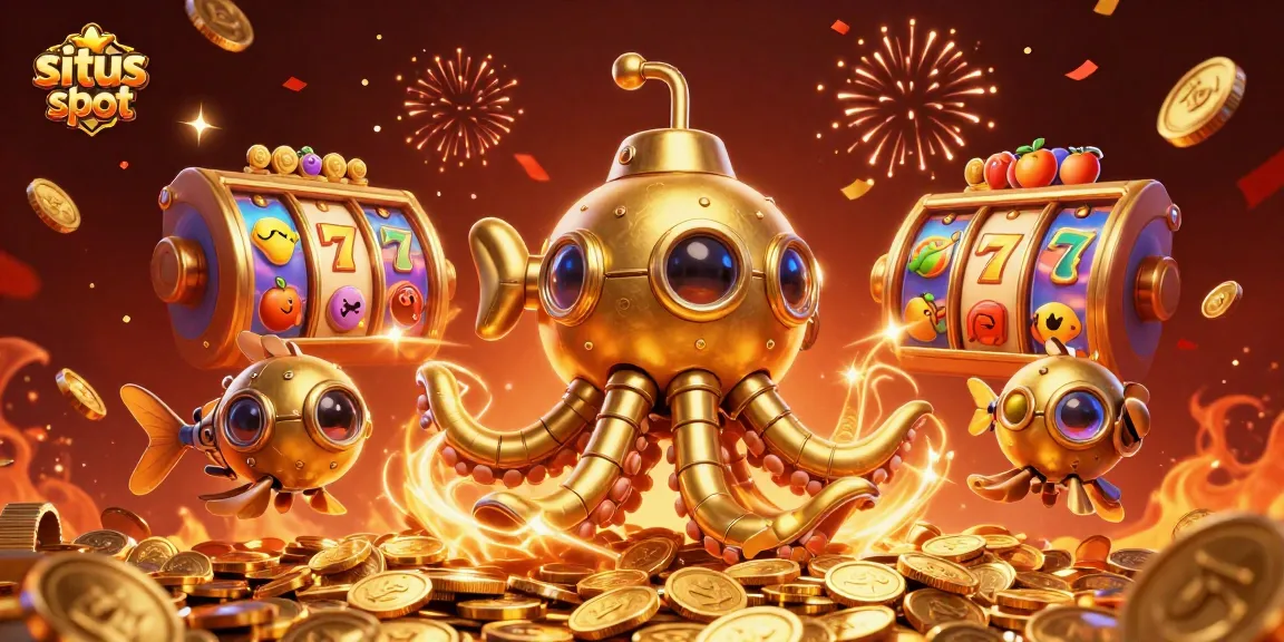 Engage with the situs slot experience in a vibrant casino setting featuring a kraken submarine and slot reels.