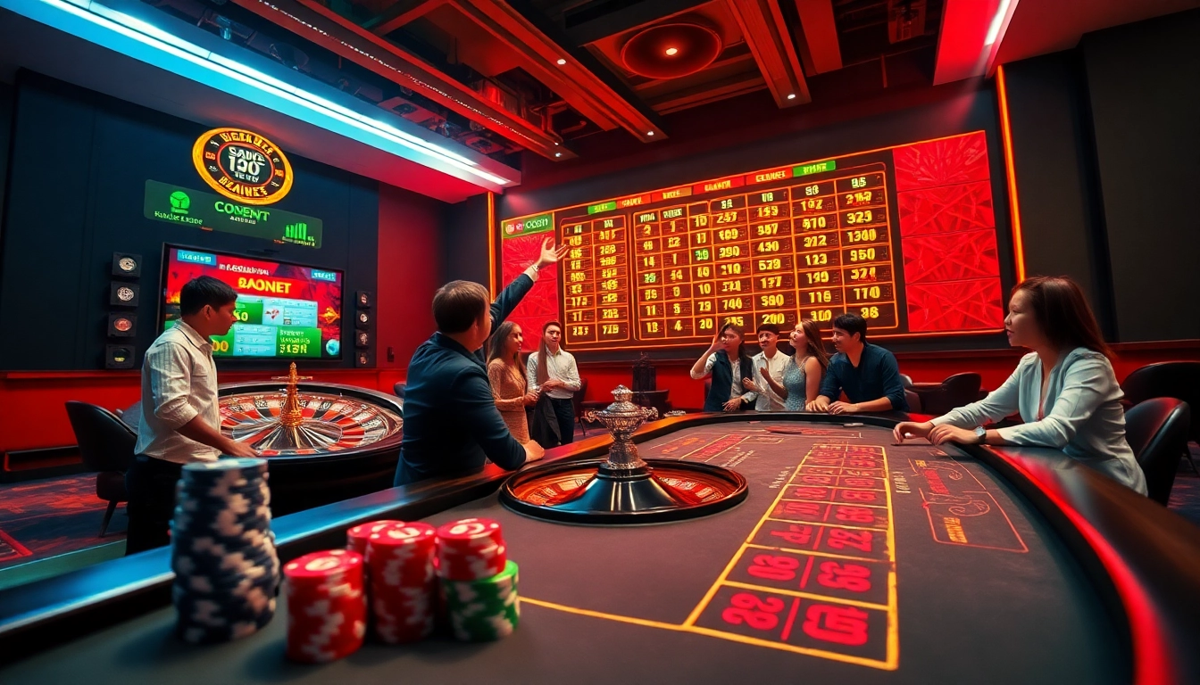 Experience the excitement with sbobet login terbaru at a luxurious casino scene featuring joyous gamblers and dynamic betting activities.
