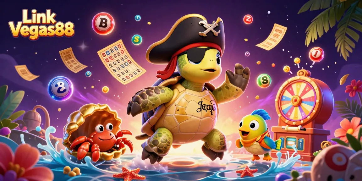 Join the excitement with Link Vegas88 featuring a vibrant scene of lottery elements and animated characters.