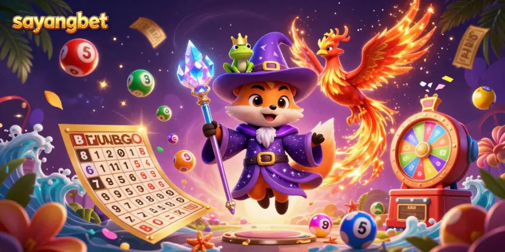 Experience the magic of sayangbet with a vibrant 3D illustration of a wizard fox and phoenix amidst lottery games.
