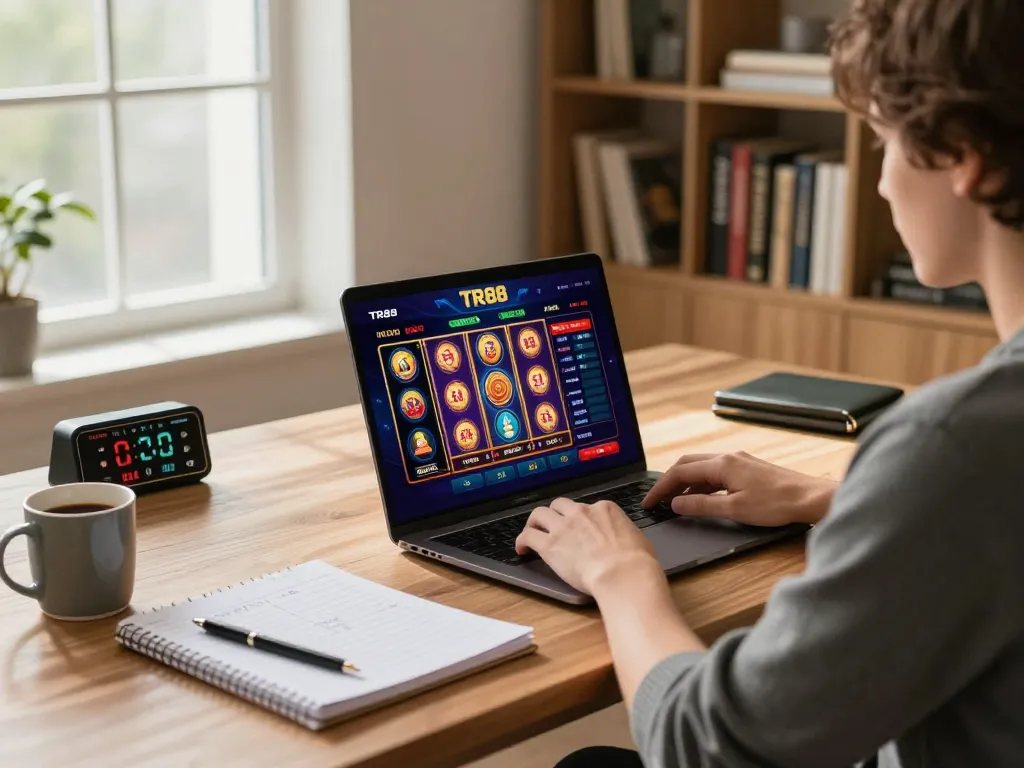 Player engaged in strategic online gaming at TR88, showcasing vibrant slots on laptop.