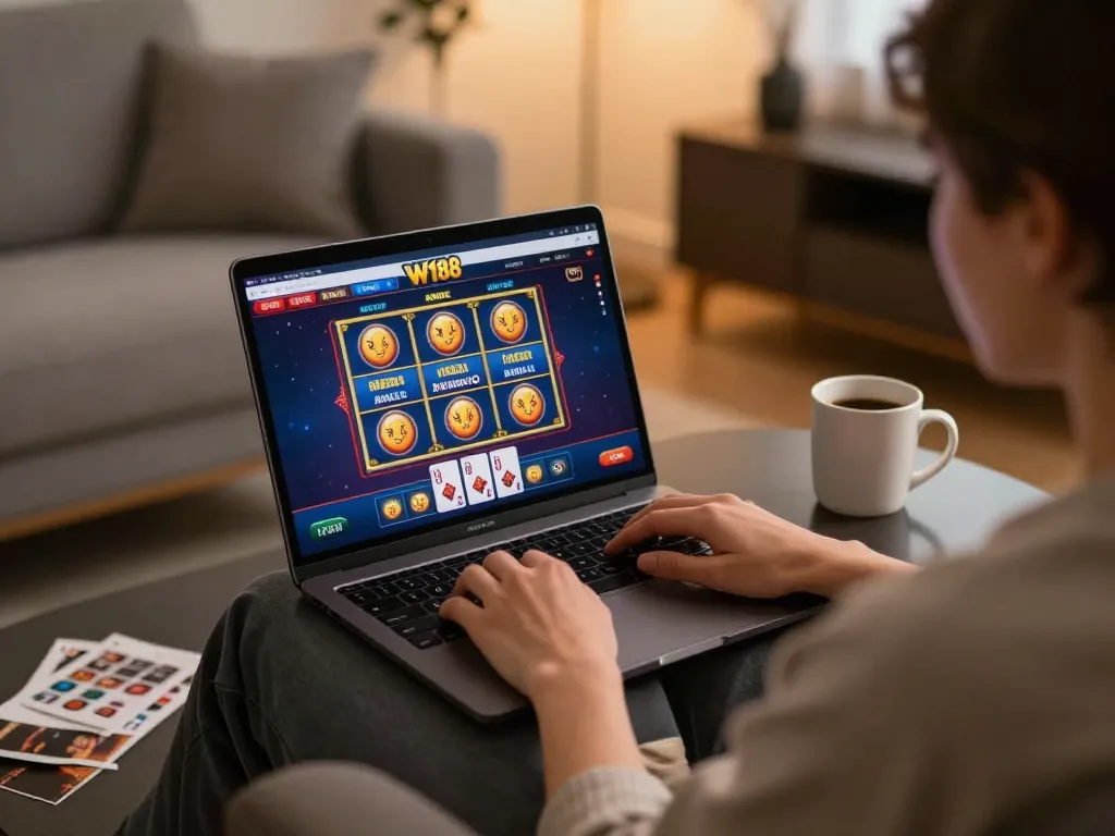 Engaging online gaming experience at https://w188.bid/, showcasing vibrant slot games on a laptop.