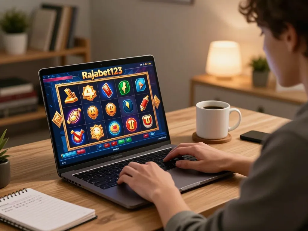 Engaging in Rajabet123 Slot gaming at home, with vibrant slot reels displayed on the laptop screen