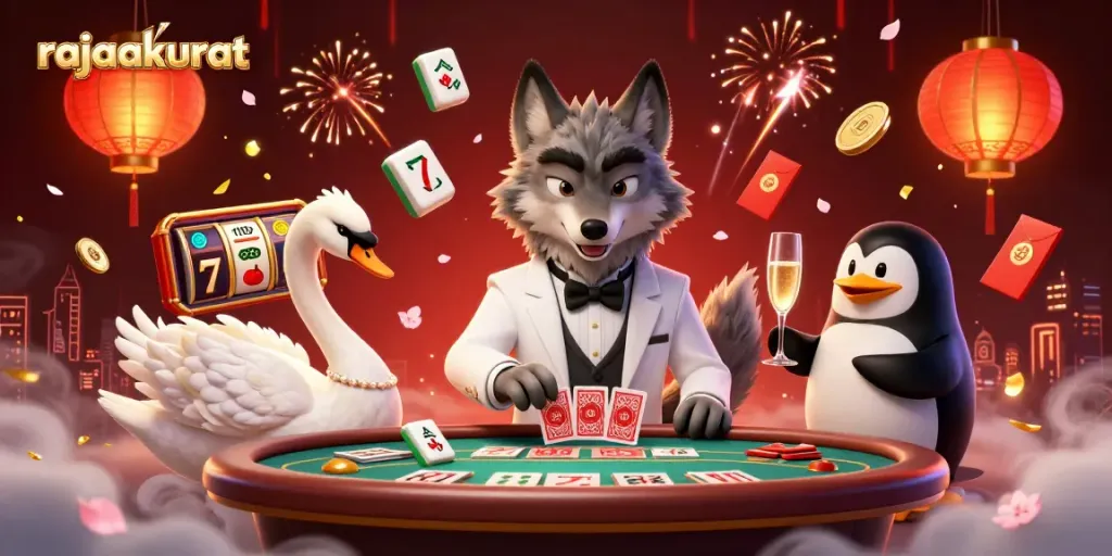 Rajaakurat menghadirkan permainan kasino menarik dengan karakter serigala, angsa, dan penguin di meja baccarat.