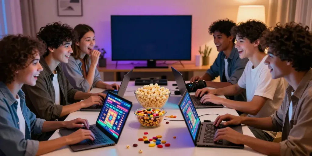 Friends playing seributoto lottery game online in a cozy living room.
