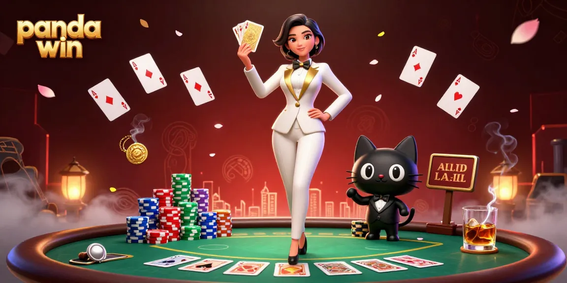 Memenangkan besar di panda win dengan dealer glamour dan kucing berpakaian tuxedo di antara chip poker.