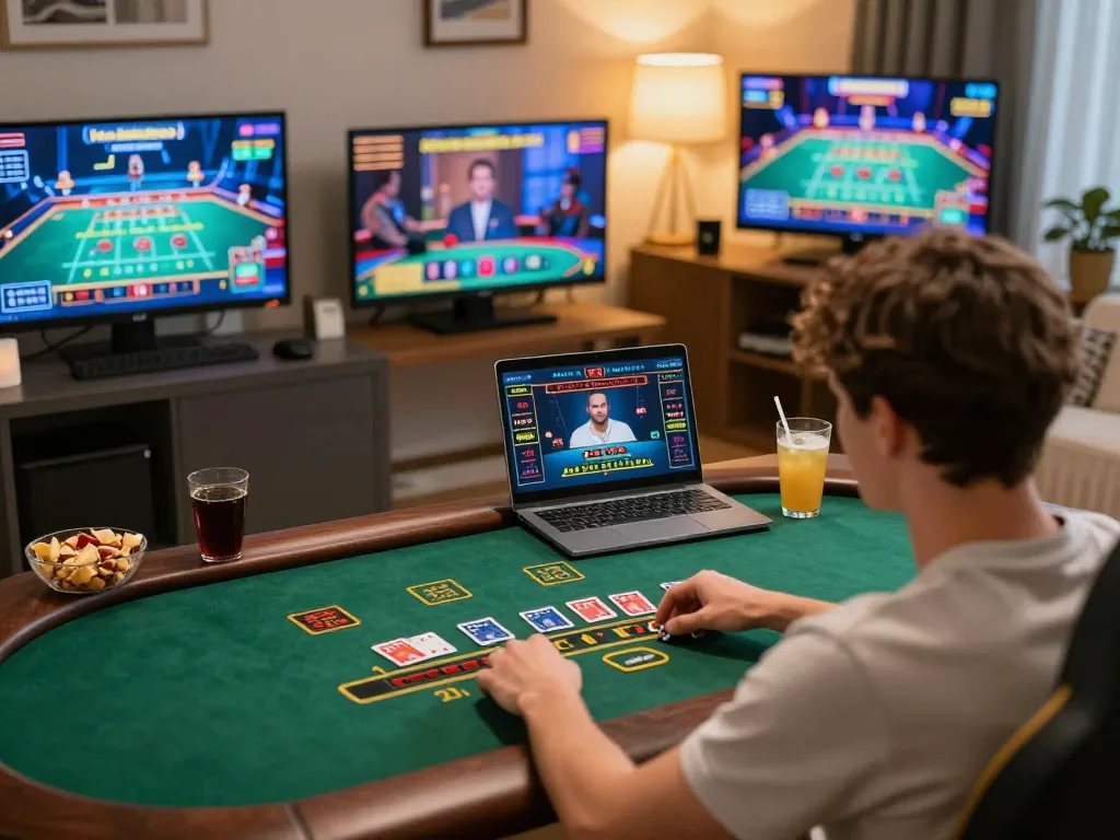 Player enjoying live dealer blackjack online with mpoid interface on screen during a cozy home gaming session.