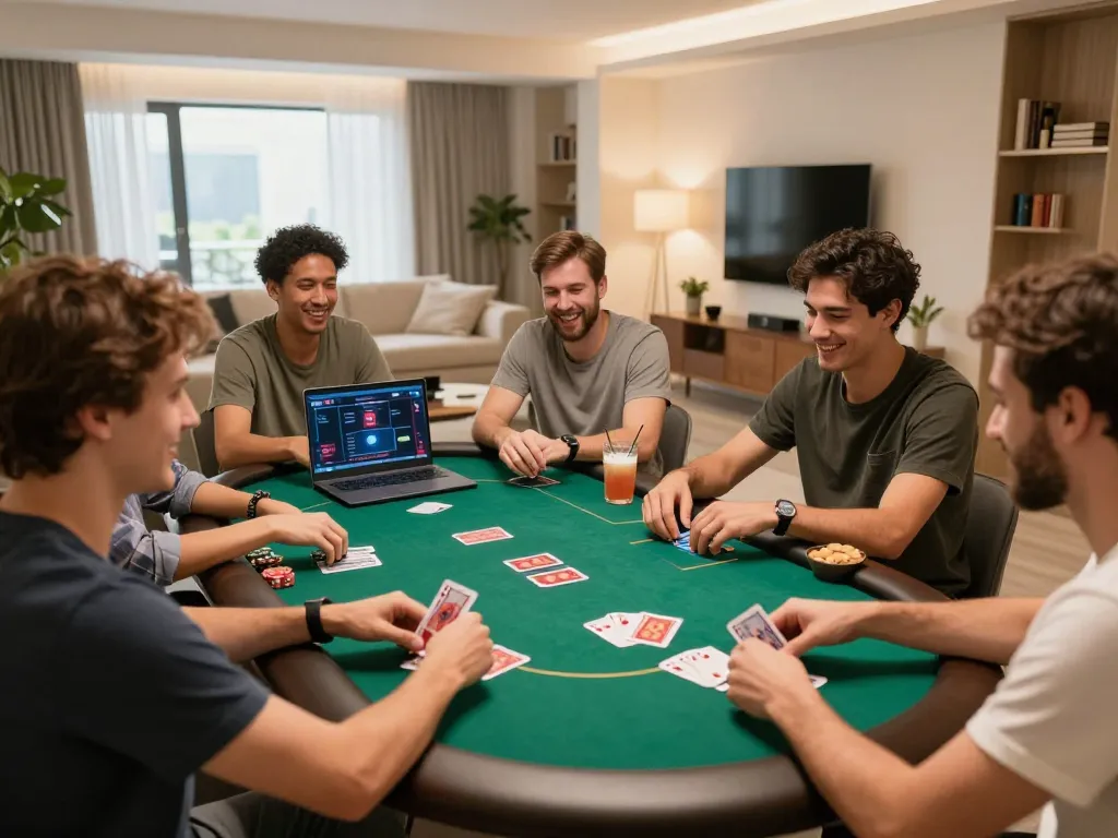Friends enjoying an online poker game on F168, showcasing dynamic gameplay and a cozy atmosphere
