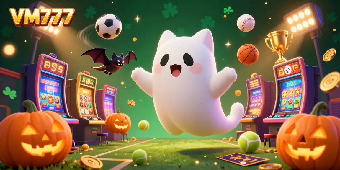 Experience the excitement of VM777 with a lively online casino scene featuring a ghost cat and sports dynamics.