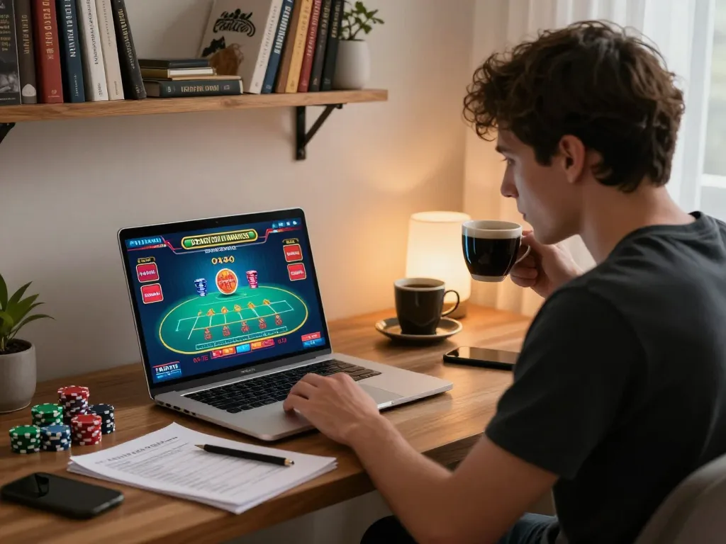 Player engaging in strategic gameplay on fabet while reviewing betting strategies at home.