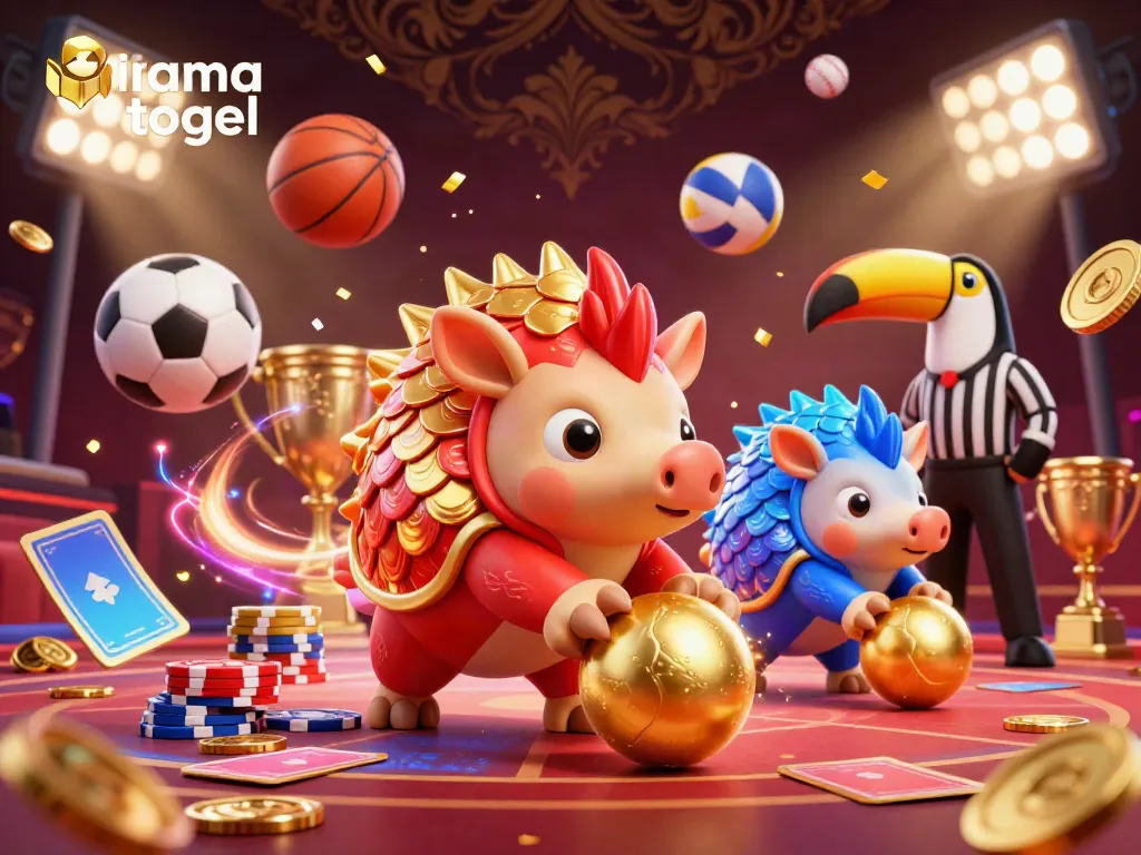 Experience the thrill of irama togel with dynamic pangolins and festive casino elements illustrated in 3D.