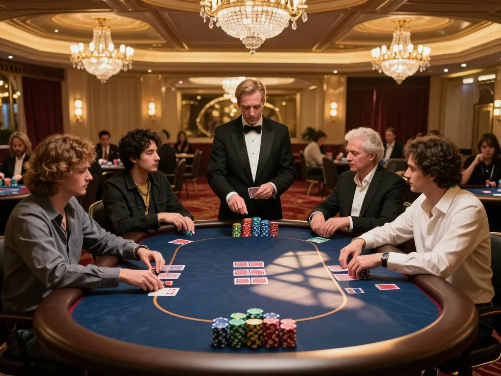 Players strategizing at a luxurious poker table in a vibrant casino scene with kerajaanslot ambiance.