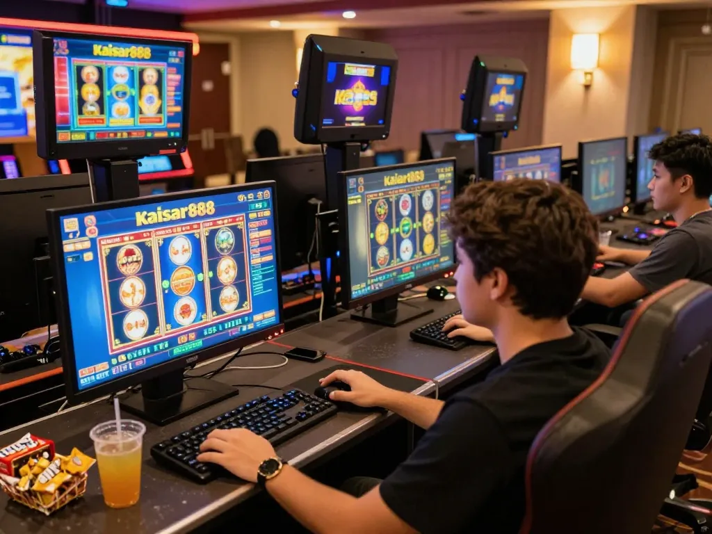 Engaging in kaisar888 slot gameplay at a modern home setup with multiple screens.