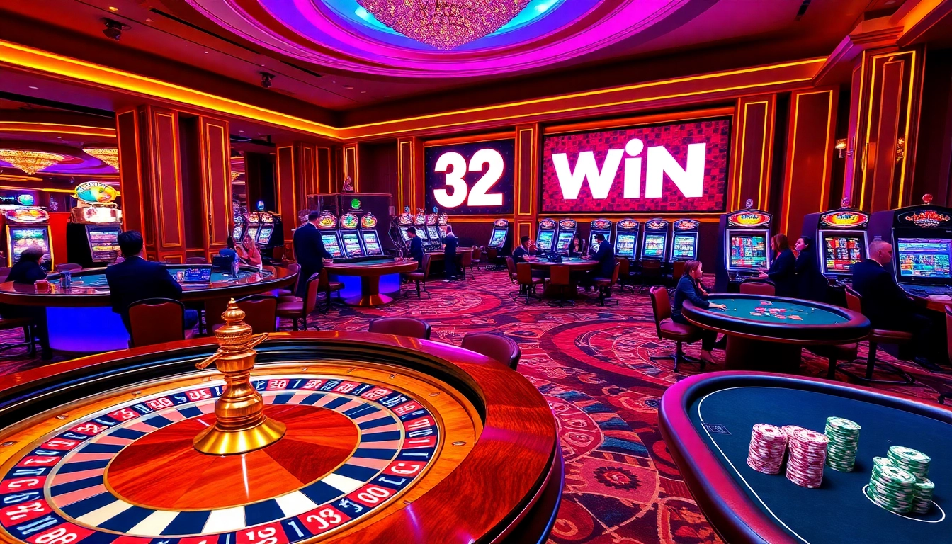 A thrilling gambling scene with players at a roulette table, emphasizing the excitement of winning at 32 win.